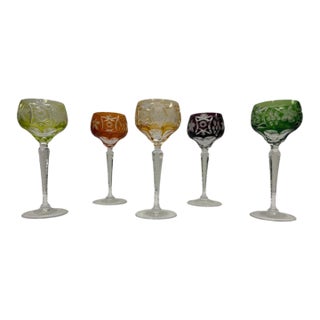 Vintage Nachtmann "Traube" Cut-to-Clear Multi-Color Crystal Hock Wine Glasses - Set of 5 For Sale