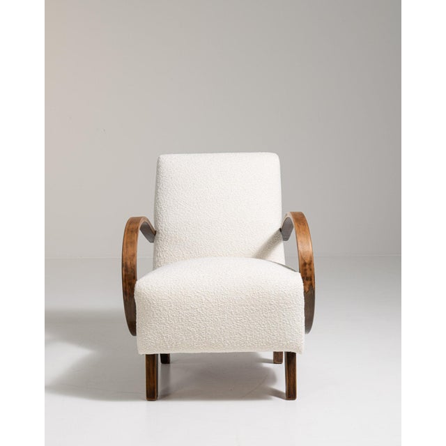 20th Century Czech Republic Warm Ivory Boucle Bentwood-Arm Lounge Chair For Sale - Image 9 of 11
