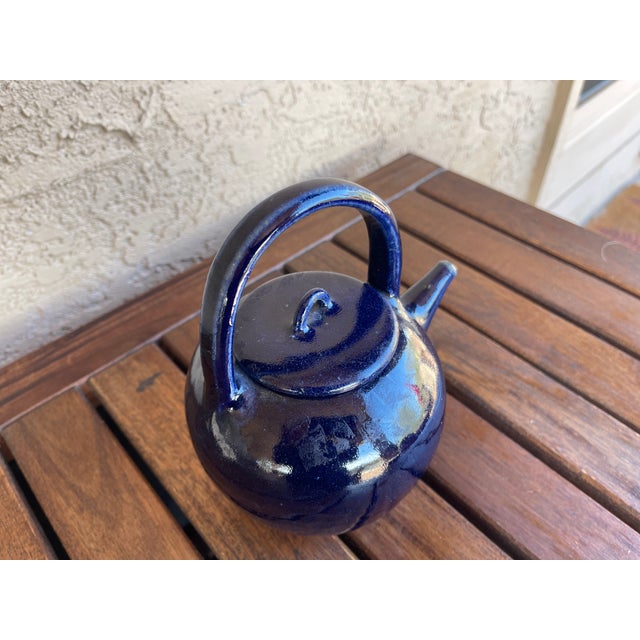 Vintage Blue Glazed Ceramic Stoneware Top Handle Teapot For Sale In Santa Fe - Image 6 of 8