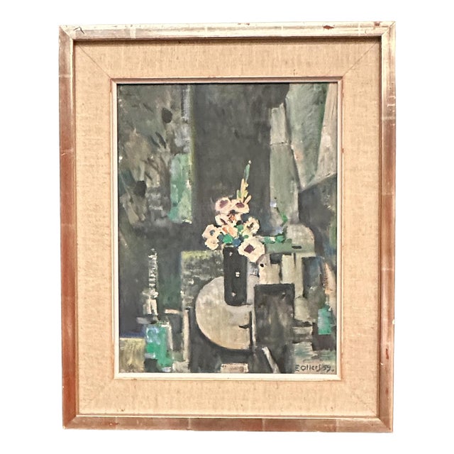 Edvin Ollers, White Blossom in Black Vase, 1959, Oil on Canvas, Framed For Sale