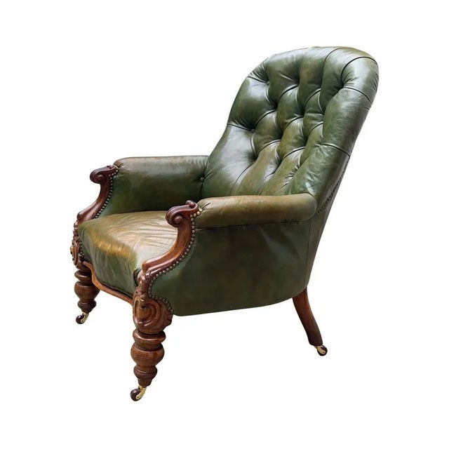 Victorian Polished Racing Green Leather Chesterfield Armchair with Brass Stud Detailing On Brown Porcelain Castors Classic...