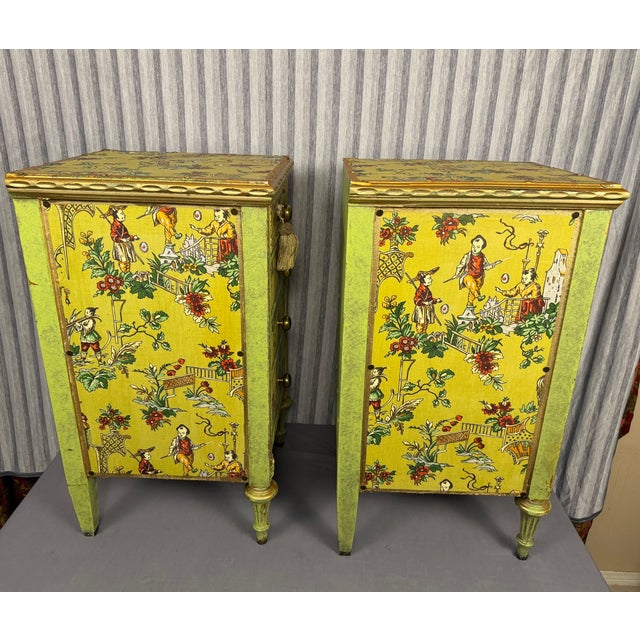 Early 20th Century Venetian Style Chartreuse Chinoiserie Cabinets / Nightstands - A Pair For Sale - Image 14 of 16