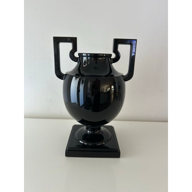 Sleek, high gloss ovoid black Grecian black vase with double handles. Grecian style amphora. Porcelain crafted in Japan,...