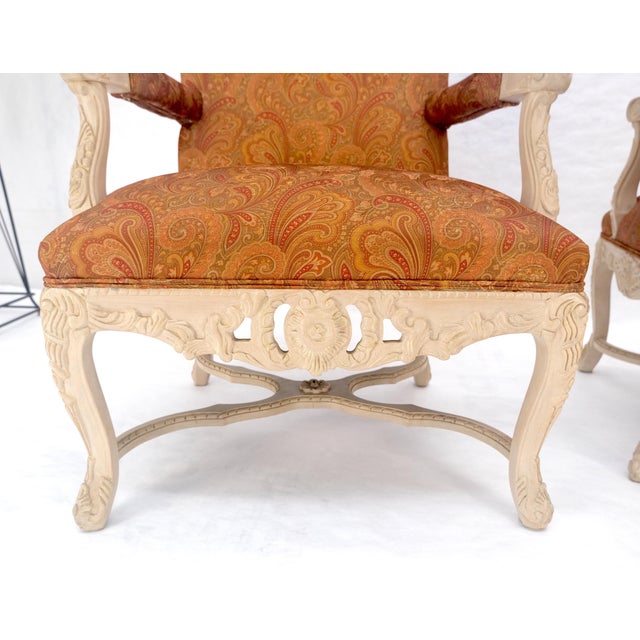Baker Furniture Company Pair of Fine Carved White Lacquer Rouge Floral Upholstery Arm Club Chairs MINT For Sale - Image 4 of 13