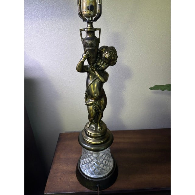 Brass Mid 20th Century Brass Cherub Lamp With Cut‑Glass Diamond Base, 36″ Tall For Sale - Image 8 of 13