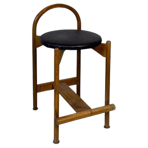 Mid-Century Modern Italian Wooden Structure & Faux Leather Seat High Stool, 1970s