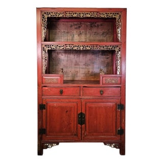 Antique Chinese Red Lacquer Scholar’s Display Cabinet With Painted Interior For Sale
