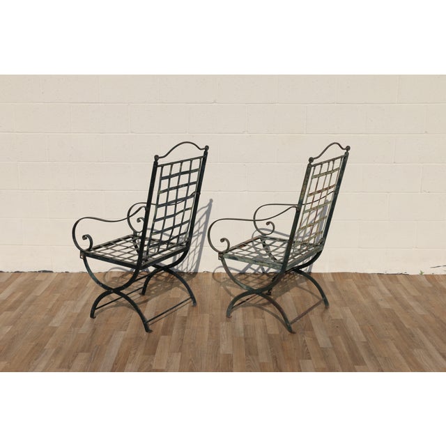 Modern Vintage Pair of 1970s Hervé Baume French Wrought Iron Folding Patio Chairs With Rustic Patina | Outdoor Garden Armchairs For Sale - Image 3 of 18