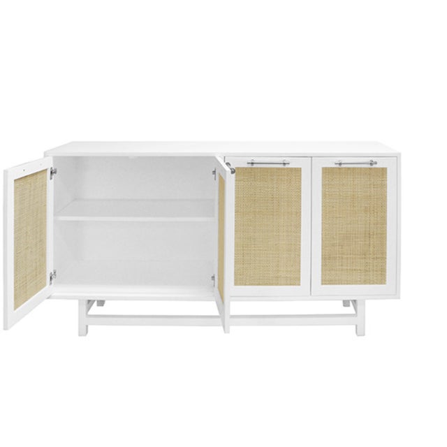 Farmhouse Matthew Izzo Home Macon Matte White Lacquer Four Door Cabinet With Caned Doors and Nickel Hardware For Sale - Image 3 of 6