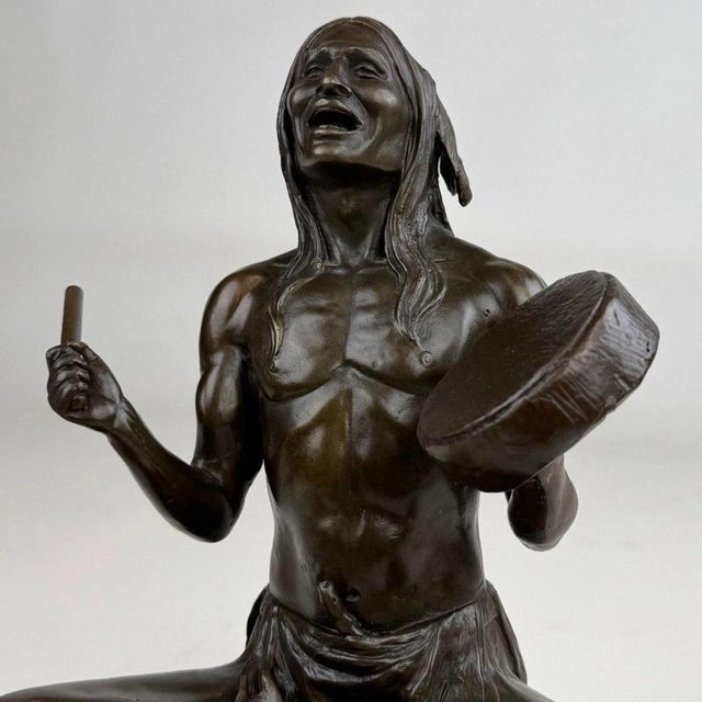 Seated Native American Drummer Figural Sculpture, 20th Century, Bronze For Sale - Image 11 of 12
