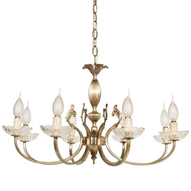 - Art Nouveau-style chandelier - From the 1950s - Made in Italy - 8 lights in silvered brass - New wiring Up to 250V...