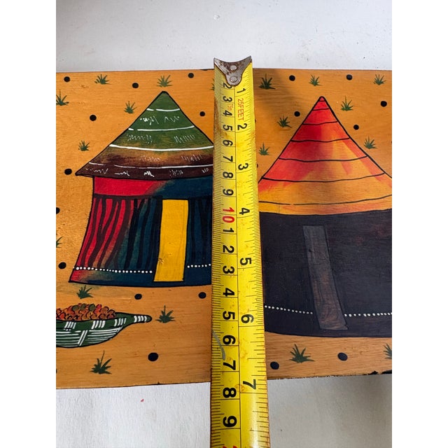 Late 20th Century Vintage African Folk Art Hand-Painted Wooden Wall Panel Village Scene Decor For Sale - Image 5 of 6