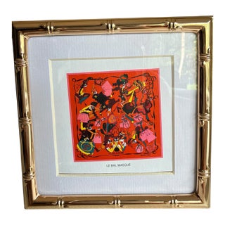 Authentic Original Vintage 1980's Hermès “Le Bal Masqué” Scarf Art Advertisement Print in Gold Faux Bamboo Frame For Sale