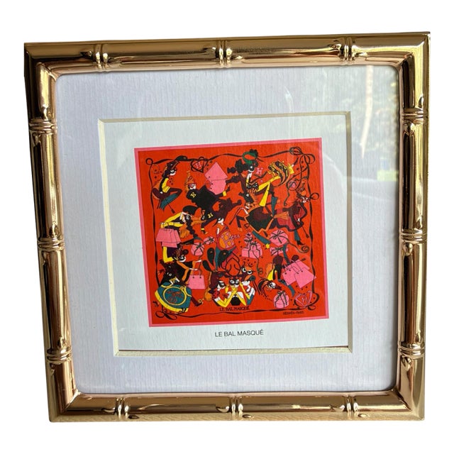 Authentic Original Vintage 1980's Hermès “Le Bal Masqué” Scarf Art Advertisement Print in Gold Faux Bamboo Frame For Sale