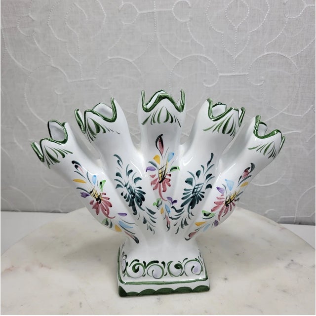 Vintage RCCL Portugal White Floral Hand Painted 5 Finger Tulipiere Bud Vase For Sale In Houston - Image 6 of 9