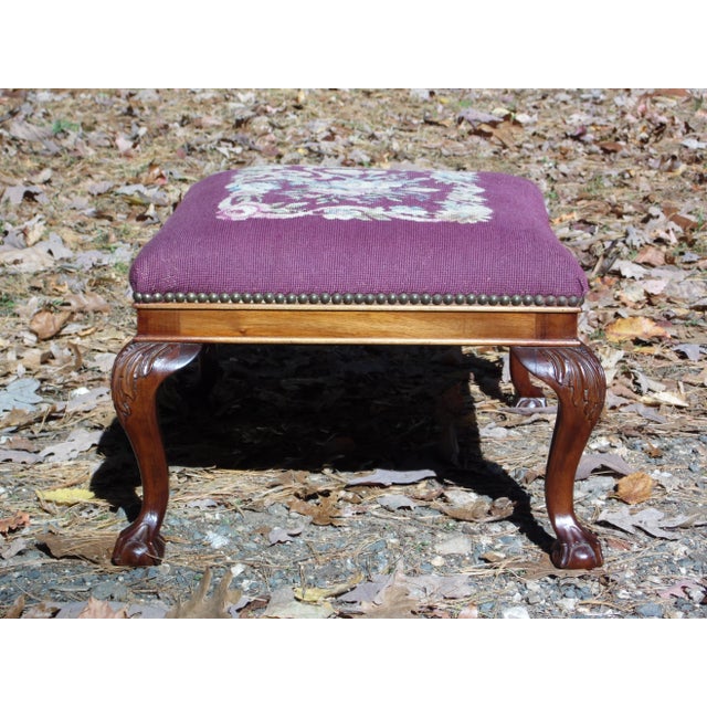 Vintage Solid Mahogany Floral Burgundy Needlepoint Footstool Queen Anne Ottoman For Sale - Image 10 of 10