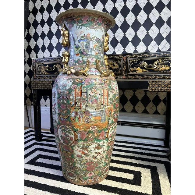 Ceramic Chinese Famille Rose Floor Vases With Figural Panels and Gilt Dragon Handles, 38" For Sale - Image 7 of 18