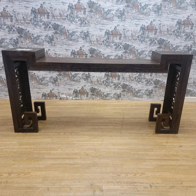 Antique Chinese Elm Altar Table with Pierced Carved Panels An exceptional antique Chinese altar console table handcrafted...