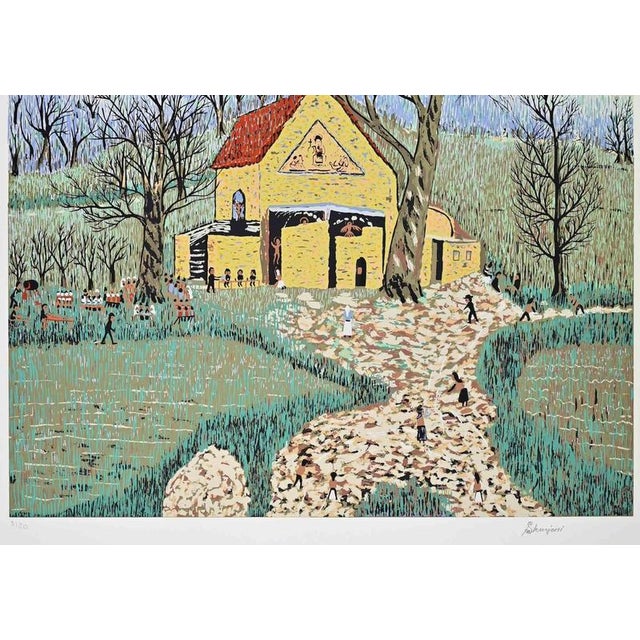 Color screenprint, depicting a rural church set amid gently rolling fields and leafless trees, with villagers moving along...