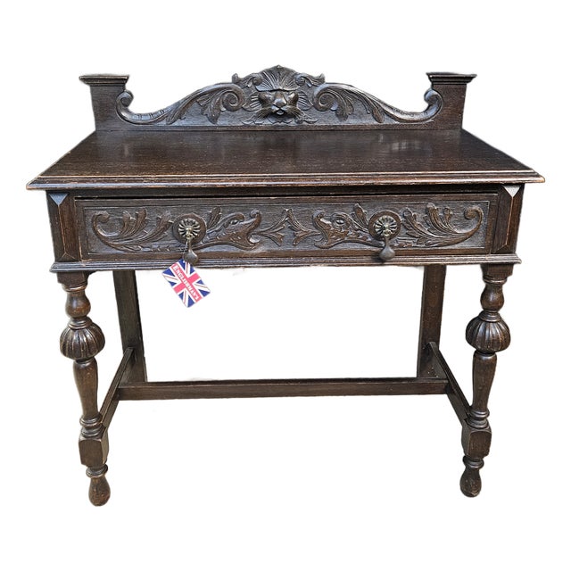 Mid 19th Century Victorian Oak Carved Console Table With One Drawer For Sale