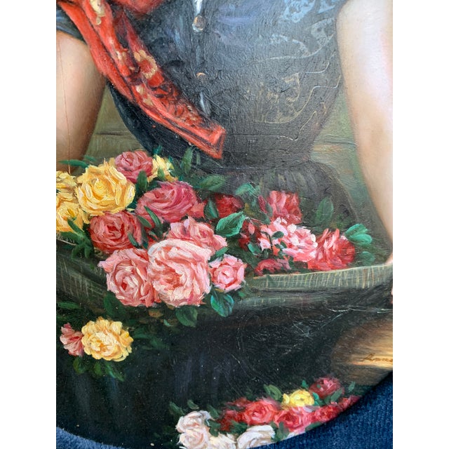 Vintage Original Oil Painting Romantic Flower Girl With Roses, Oval Presentation in Custom Fabric Mount For Sale - Image 4 of 9
