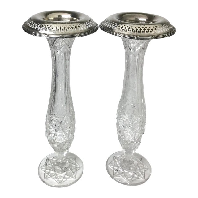 Early 20th Century American Brilliant Cut Glass and Gorham Sterling Silver Vases Pair For Sale
