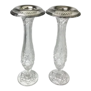 Early 20th Century American Brilliant Cut Glass and Gorham Sterling Silver Vases Pair