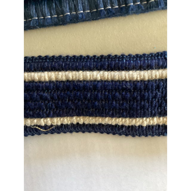 First trim is a one inch height, navy blue with white stitching. Measures 60 inches long. Second trim is a 1.5 inch...