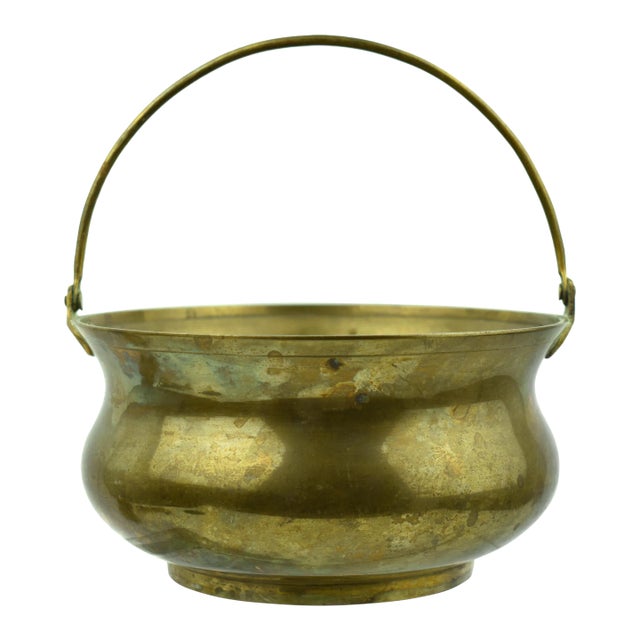 Vintage Round Gold Solid Brass Planter With Handle For Sale
