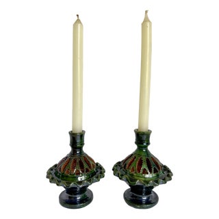 Vintage Tito Úbeda Spanish Green Glazed Pottery Candlesticks – Pair For Sale