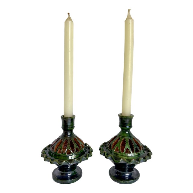 Vintage Tito Úbeda Spanish Green Glazed Pottery Candlesticks – Pair For Sale