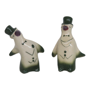 Vintage Ceramic Penguins in Tuxedos and Top Hats Salt and Pepper Shakers Pair 4494b
