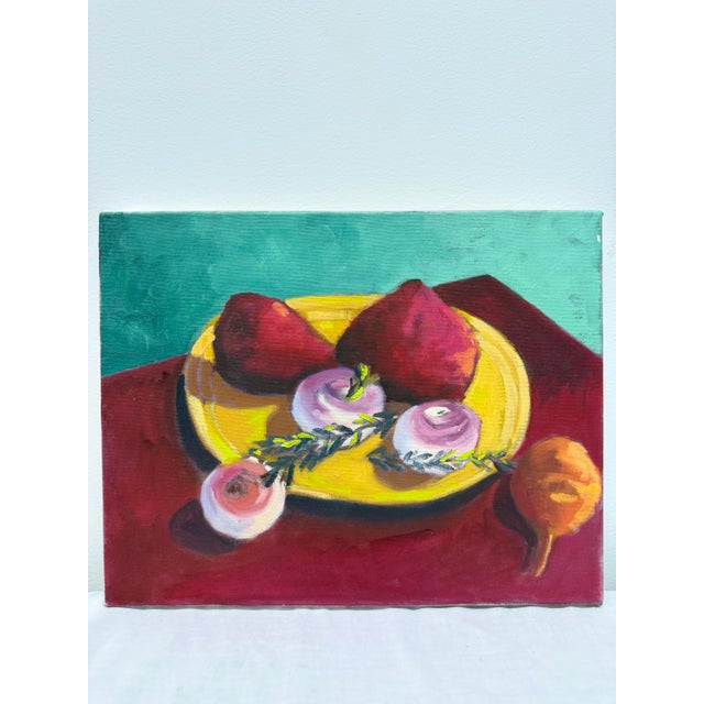 Burgundy 1990s Original Colorful Still Life Painting of Fruits & Vegetables For Sale - Image 8 of 8