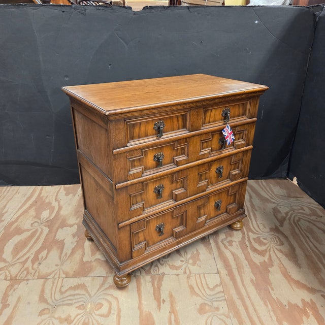 Gothic Late 19th Century Golden Oak 5 Drawer Geometric Patterned Chest of Drawers on Bun Feet For Sale - Image 3 of 14