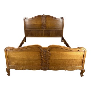 Vintage French Louis XVI Style Oak King Size Bed Frame with Carved Headboard For Sale