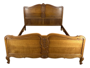 Vintage French Louis XVI Style Oak King Size Bed Frame with Carved Headboard
