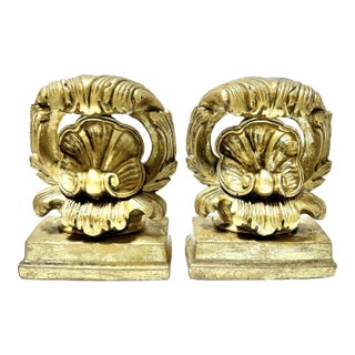 Vintage Gold Gilt Shell Bookends – Neoclassical Rococo Pair For Sale