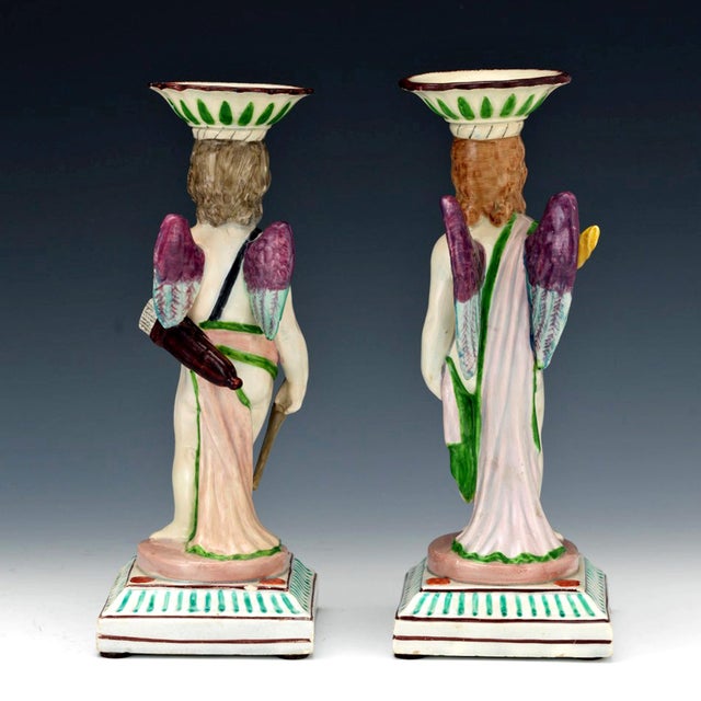 Pair of English Pearlware Cupid and Torchbearer Figural Candlesticks, Attributed to Neale & Co. Or Wilson For Sale - Image 4 of 8