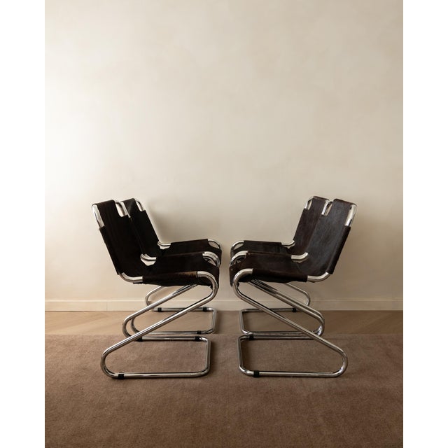 Mid-Century Modern Italian Chrome and Cowhide Cantilever Dining Chairs, 1970s, Set of 4 For Sale - Image 3 of 18