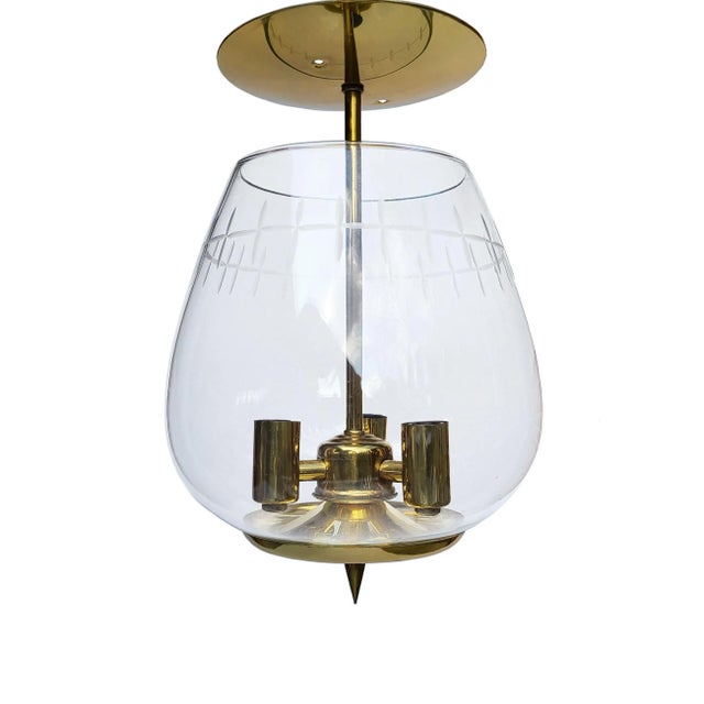 Mid 20th Century Large Semi Flush Mount Brass Pendant Lights With Cut Glass Design Globes - Set of 3 For Sale - Image 9 of 10