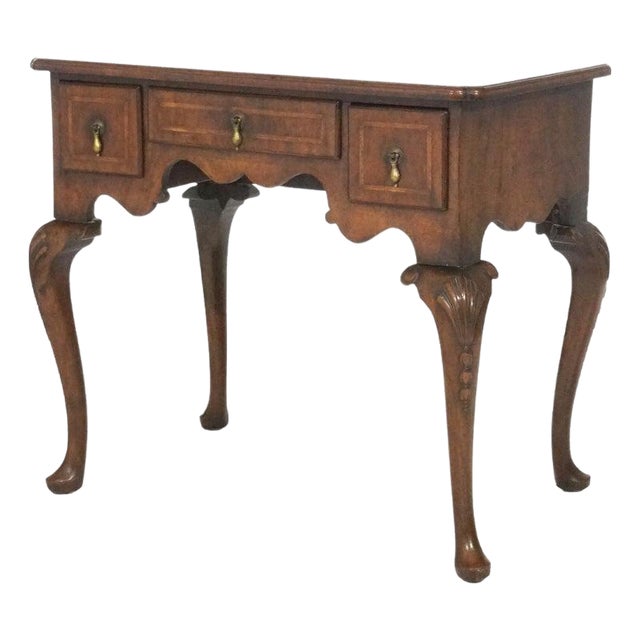 Antique English Queen Anne Carved Mahogany & Satinwood Inlaid Low Boy 18th C For Sale