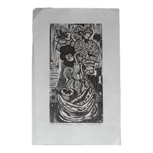 Mid 20th Century "Cruet & Nasturtiums" Byron Randall Modernist Abstract Woodcut Print