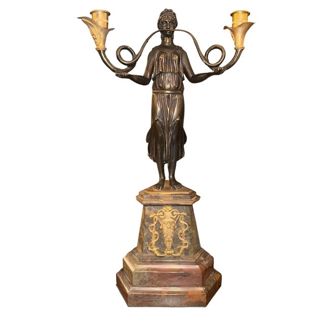 An impressive pair of French Late 19th-century Neoclassical / Empire style figural candelabras, finely executed in...