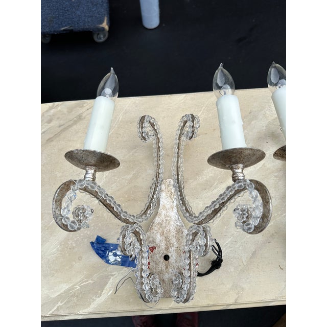 Dennis & Leen Pair of Dennis & Leen 2-Light Custom Silver Leaf Sconces With Clear Beads For Sale - Image 4 of 6