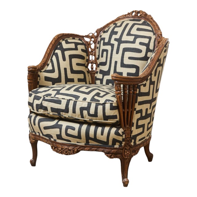 African Geometric Print Fabric on French Antique Chair For Sale