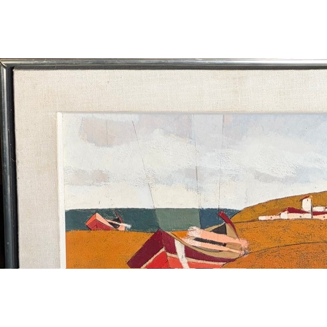 Orange Mid Century Modernist Abstract Landscape Painting - A Boat Sits on a Beach - Signed For Sale - Image 8 of 11