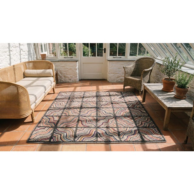 Brown 1930s Multicolor Checks Abstract Antique American Hooked Rug 5'10" X 6'0" Handknotted Wool Carpet For Sale - Image 8 of 9