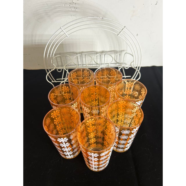 Mid-Century Jeannette Glass Marigold Floral Tumblers With Metal Carry Tray - Set of 8 For Sale In Los Angeles - Image 6 of 7