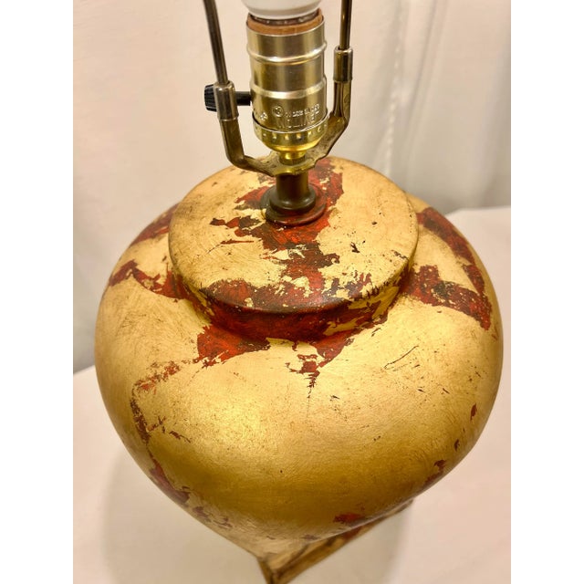 Vintage Tony Duquette Chinouserie Style Newly Painted Red Hand Gilded and Distressed Ginger Jar Table Lamp With Pleated Shade For Sale - Image 6 of 12