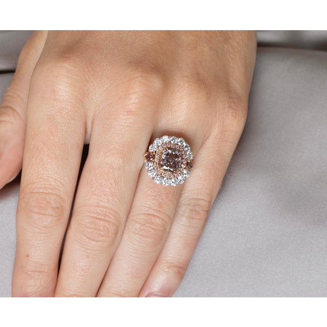 Art Deco Gia Certified Radiant Cut Fancy Dark Brown Pink Diamond and Diamond Halo Ring Size 6.5 For Sale - Image 3 of 9